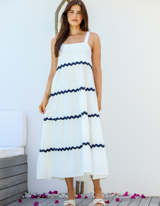 Ric Rac Tier Maxi Dress-White/Navy