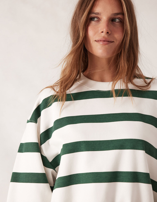 Cropped Slouchy Crew-Pine Green Stripe