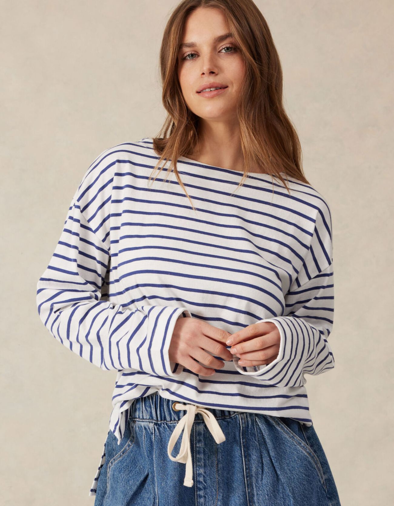 Slouchy Long Sleeve Boat Neck Tee-College Blue Stripe