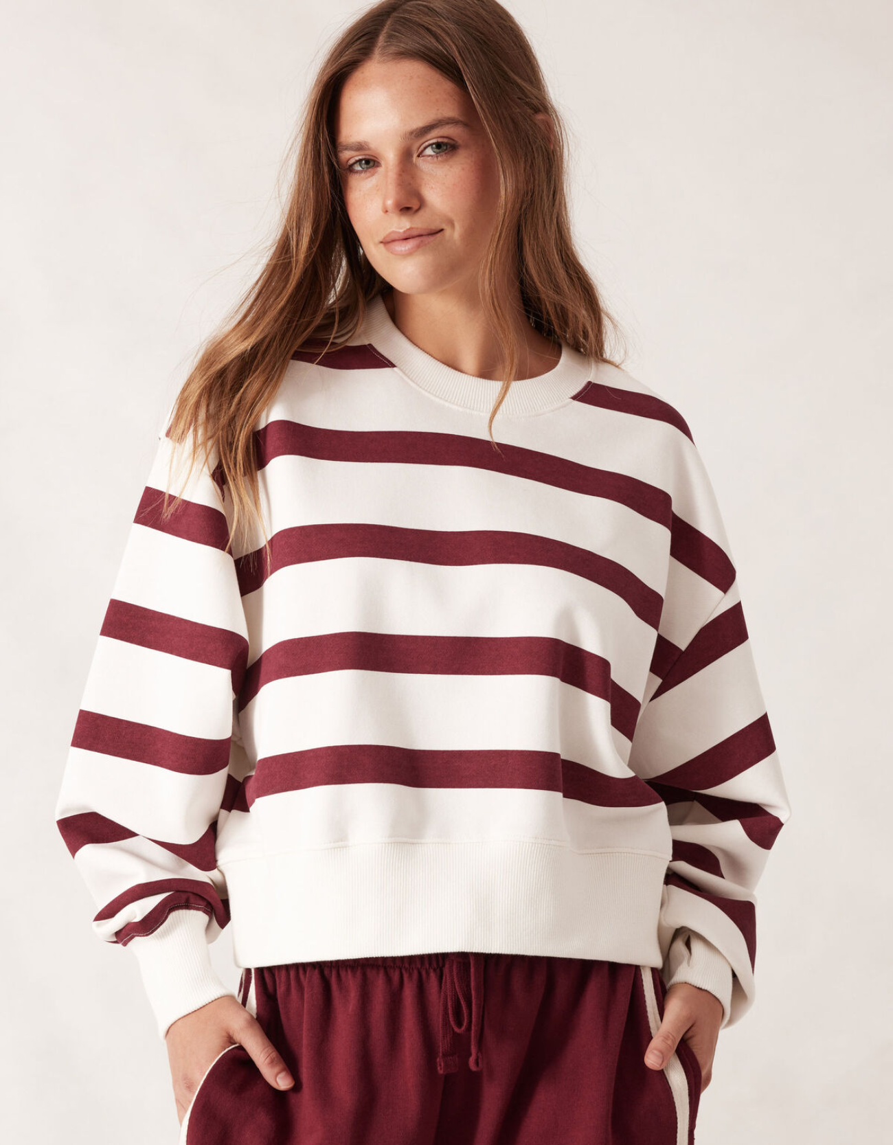 Cropped Slouchy Crew-Burgundy Stripe