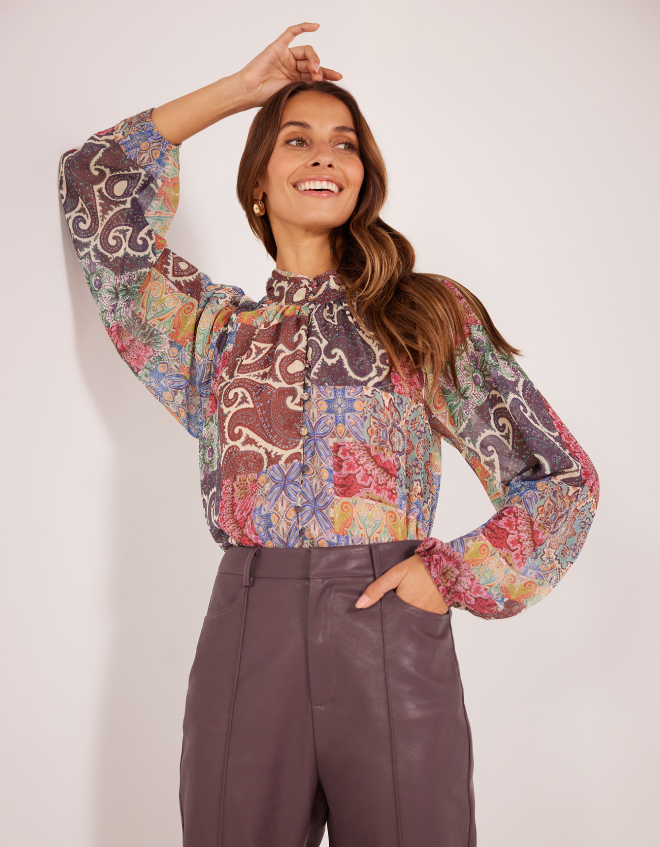 Ciana Button Down Blouse- Paisley Patchwork