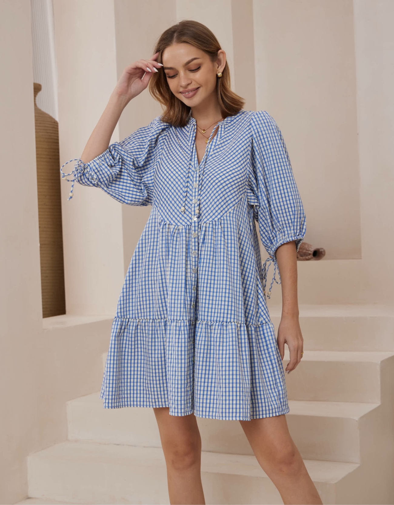 Gingham Babydoll Dress-Blue