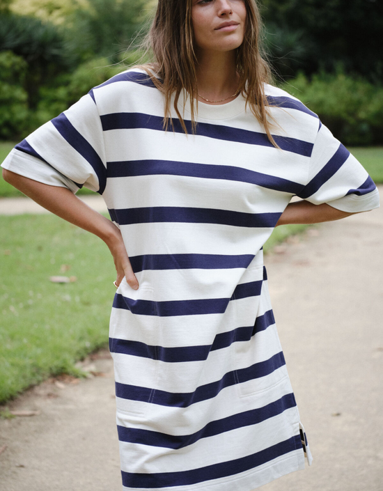 Mini Terry Dress-White Navy Bold Stripe