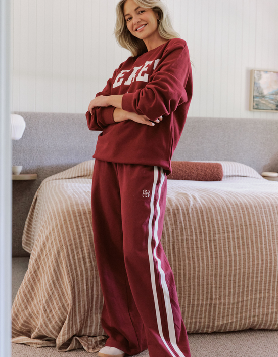 Wide Leg Terry Trackpant-Burgundy Side Stripe