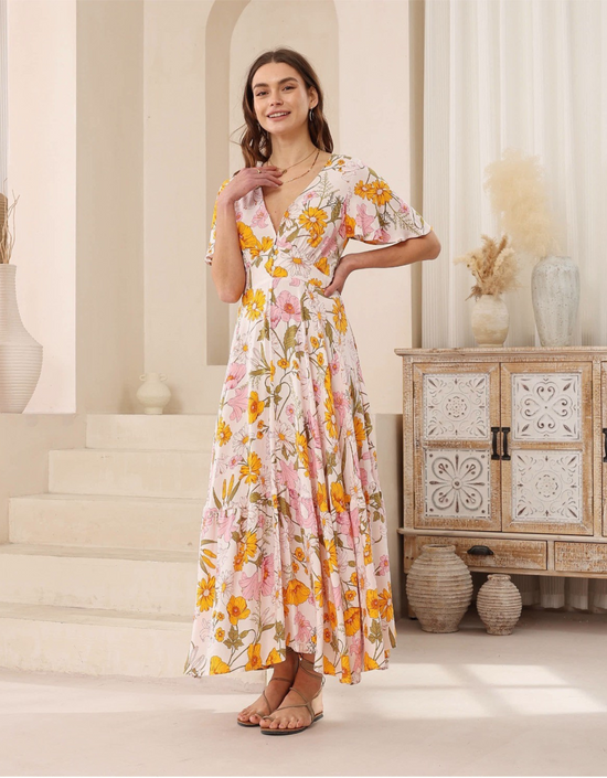 Marigold Flutter Sleeve Maxi Dress