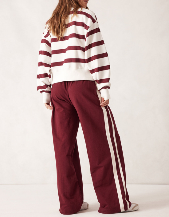 Wide Leg Terry Trackpant-Burgundy Side Stripe