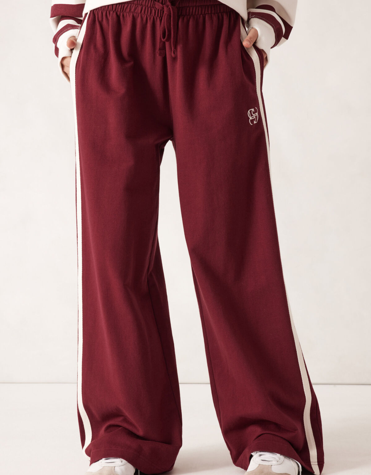 Wide Leg Terry Trackpant-Burgundy Side Stripe