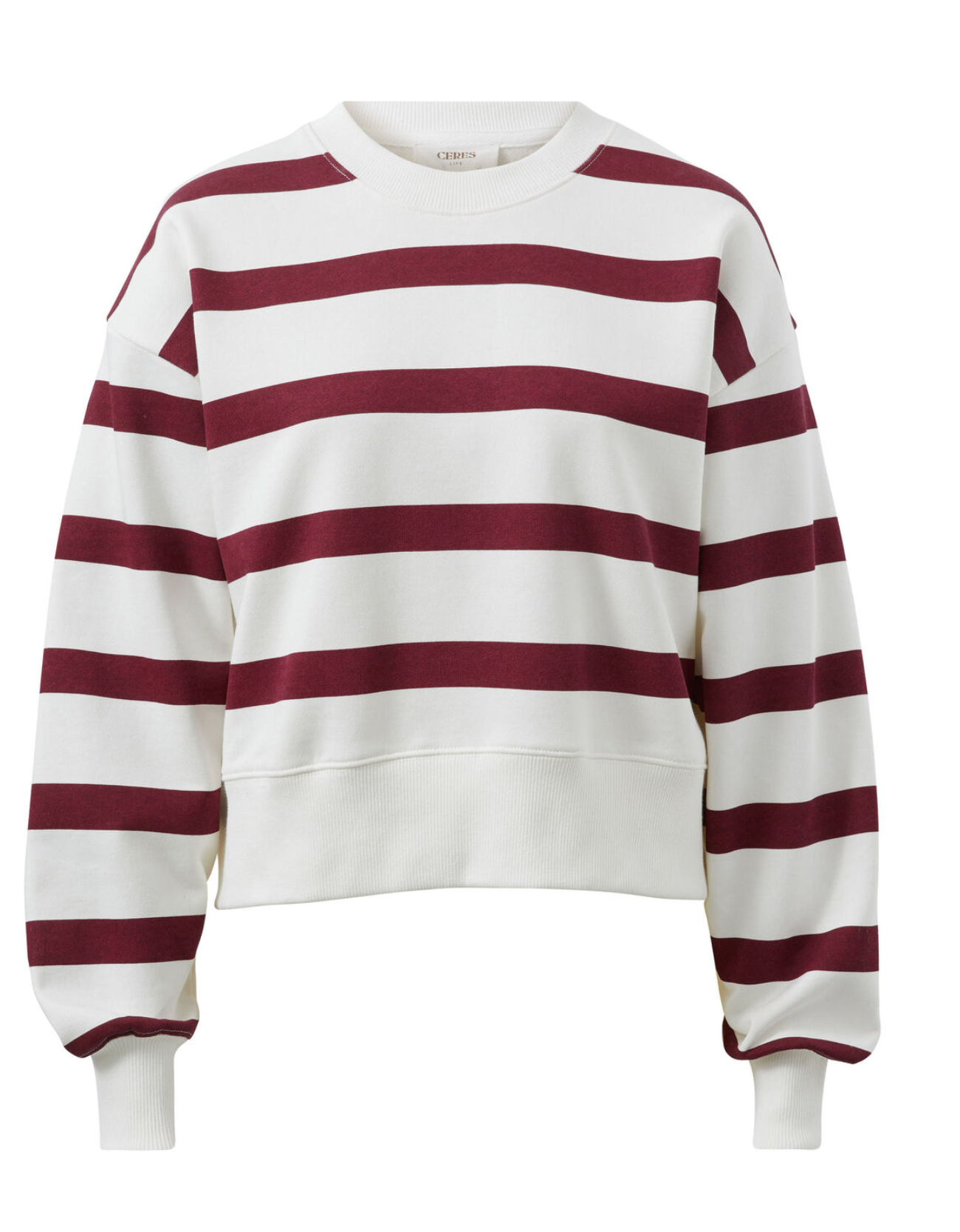 Cropped Slouchy Crew-Burgundy Stripe