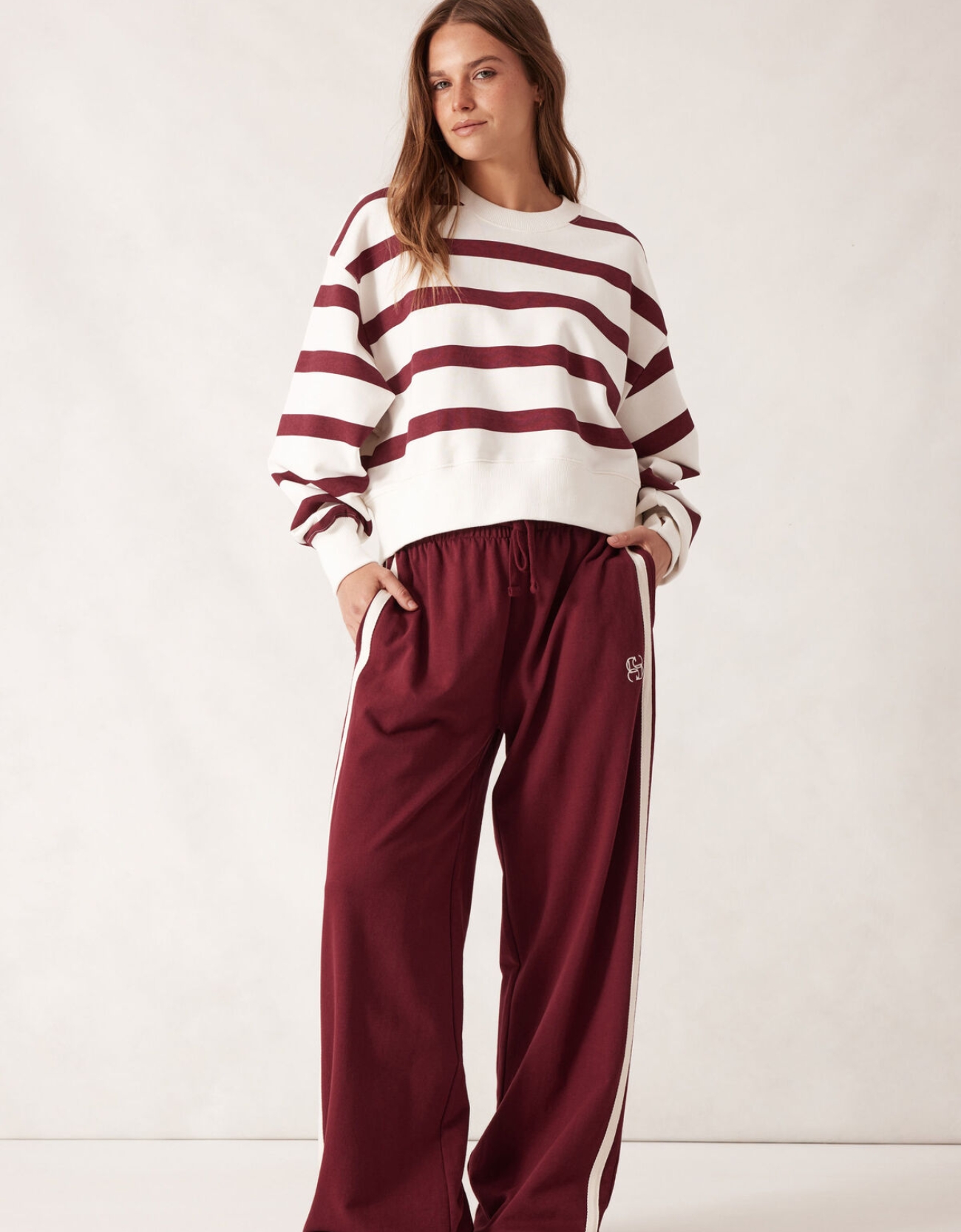 Cropped Slouchy Crew-Burgundy Stripe