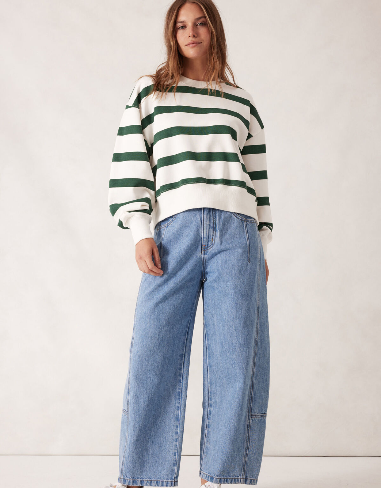 Cropped Slouchy Crew-Pine Green Stripe