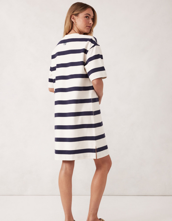 Mini Terry Dress-White Navy Bold Stripe