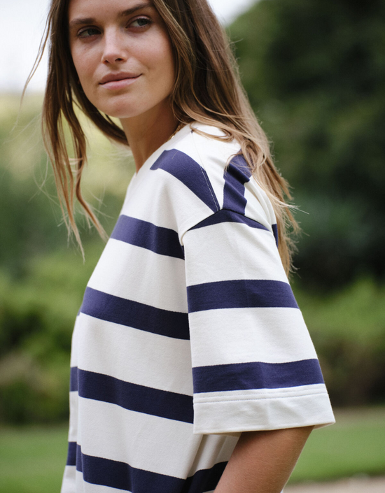 Mini Terry Dress-White Navy Bold Stripe