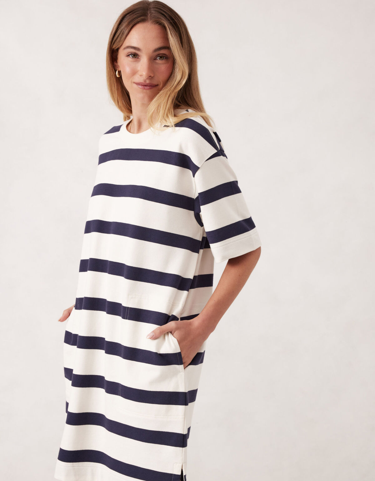 Mini Terry Dress-White Navy Bold Stripe