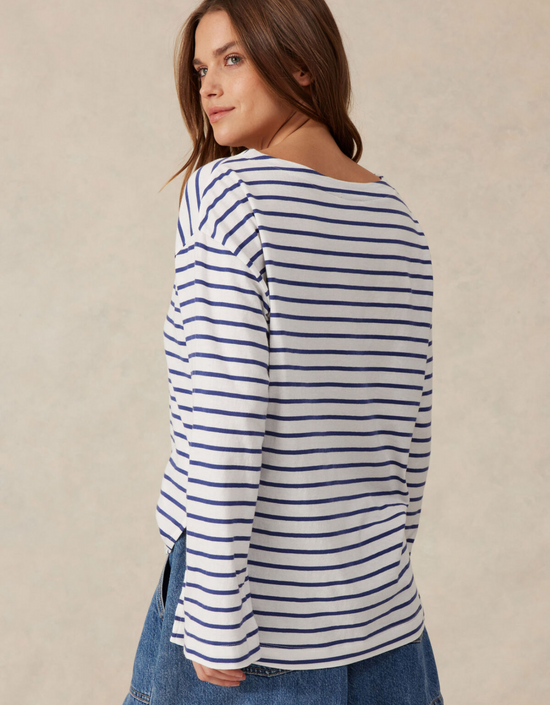 Slouchy Long Sleeve Boat Neck Tee-College Blue Stripe