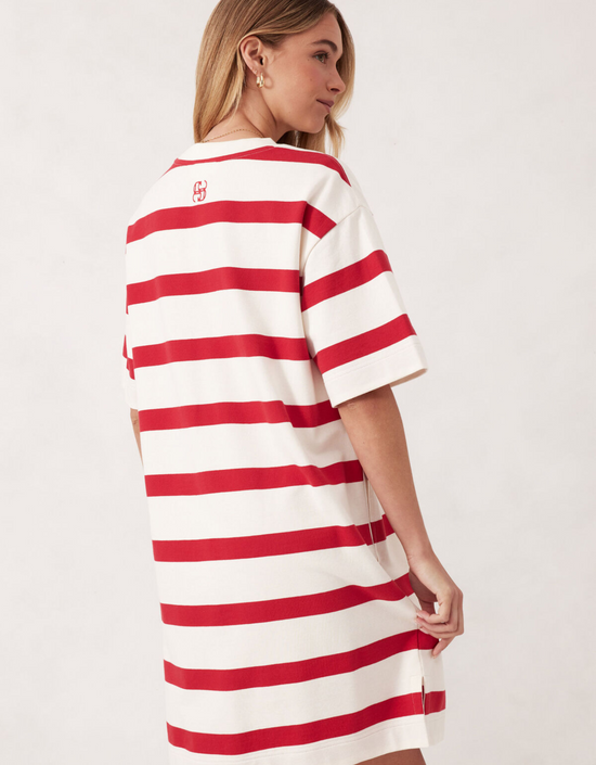 Mini Terry Dress-White Red Bold Stripe