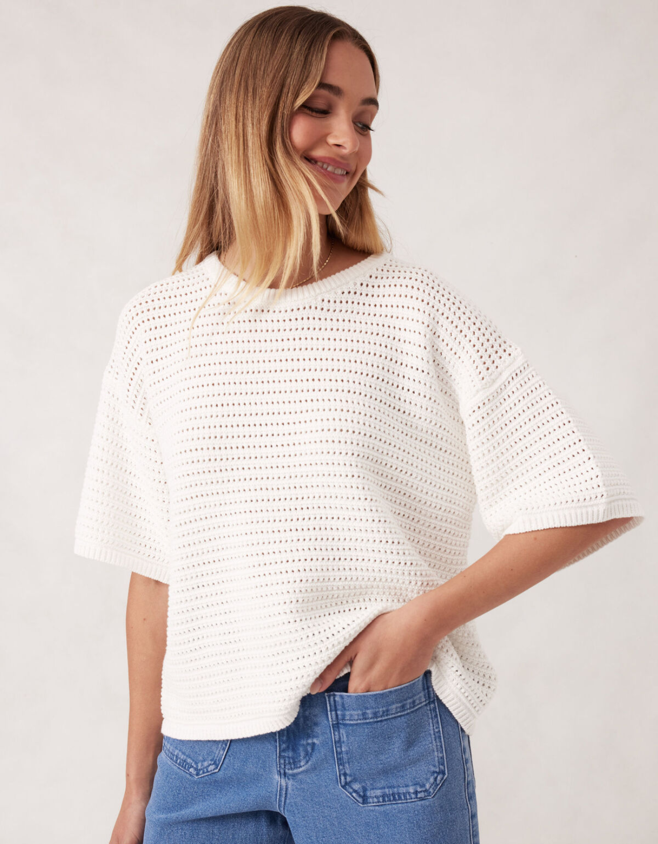 Textured Boxy Knit Tee-Fresh Ecru