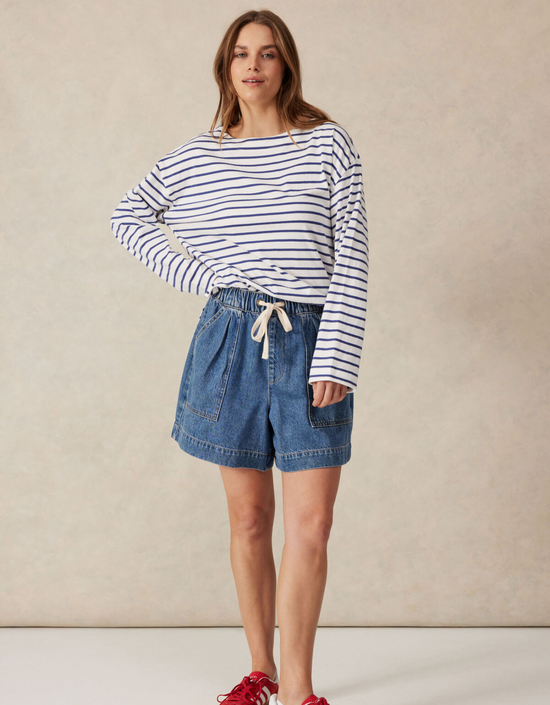 Slouchy Long Sleeve Boat Neck Tee-College Blue Stripe