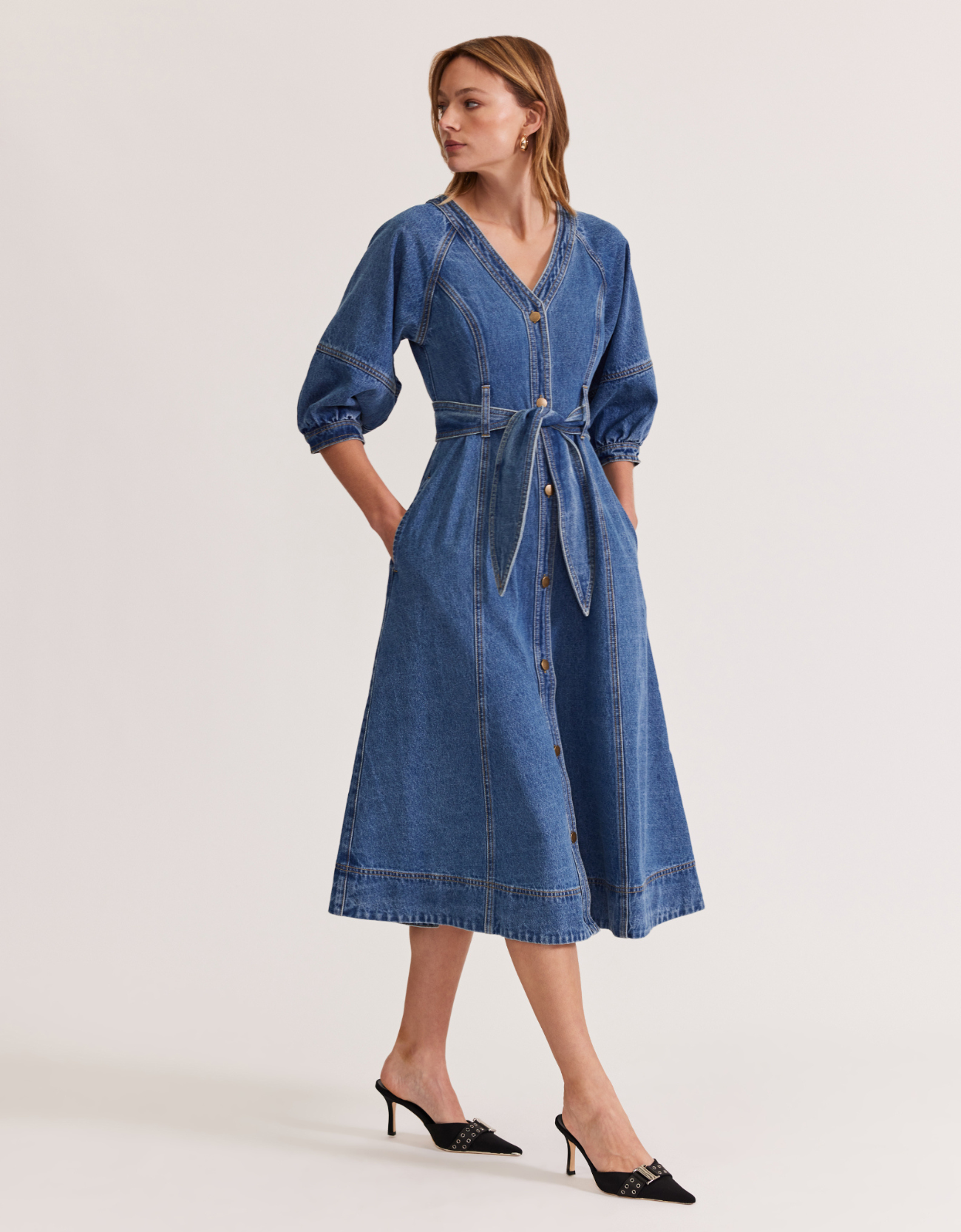 Alita Denim Midi Dress- Mid/Blue