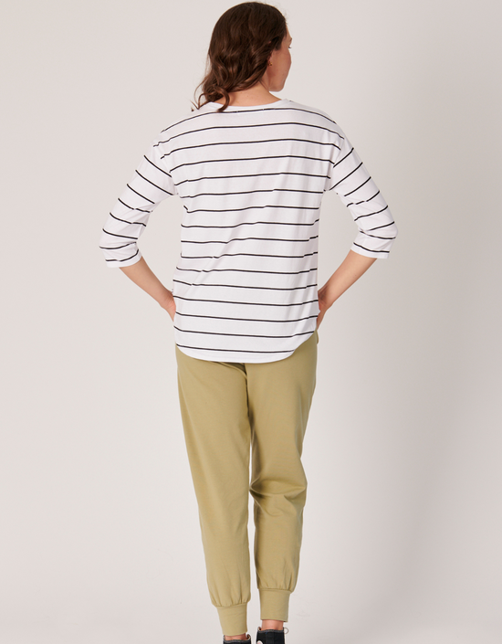 3/4 Sleeve Round Neck Tee-White/Black Stripe