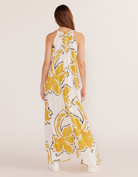 Zuri Halter Neck Maxi-White Palm Print