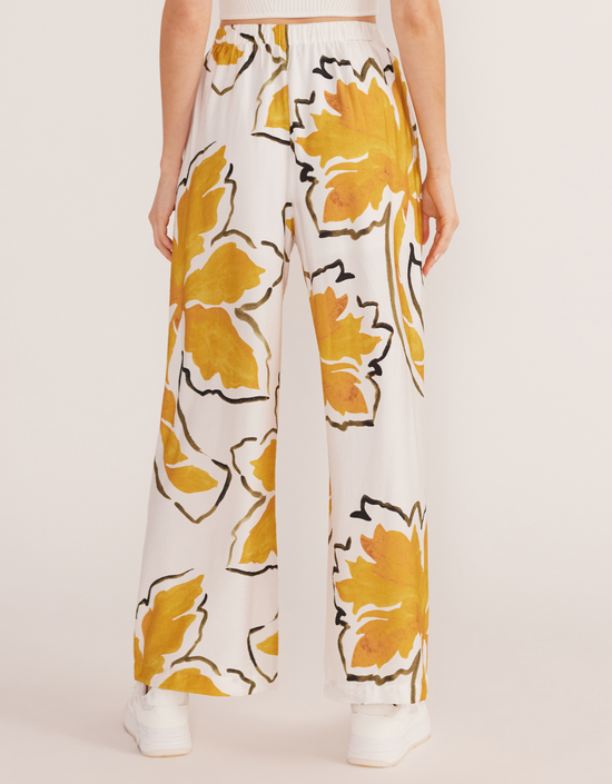 Zuri Wide Leg Pant-White Palm Print