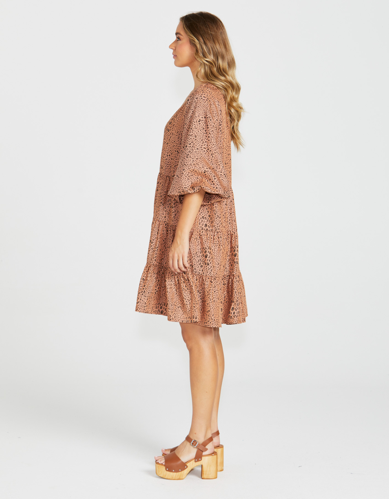 Davie Tiered Dress-Sandy Tan Animal