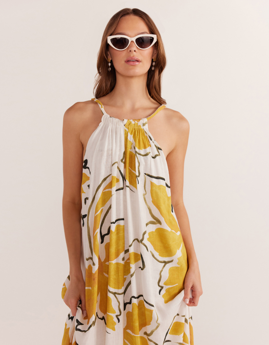 Zuri Halter Neck Maxi-White Palm Print