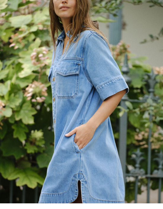 Relaxed Shirt Dress-Mid Vintage Blue