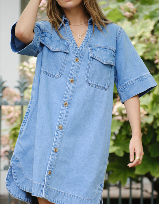 Relaxed Shirt Dress-Mid Vintage Blue